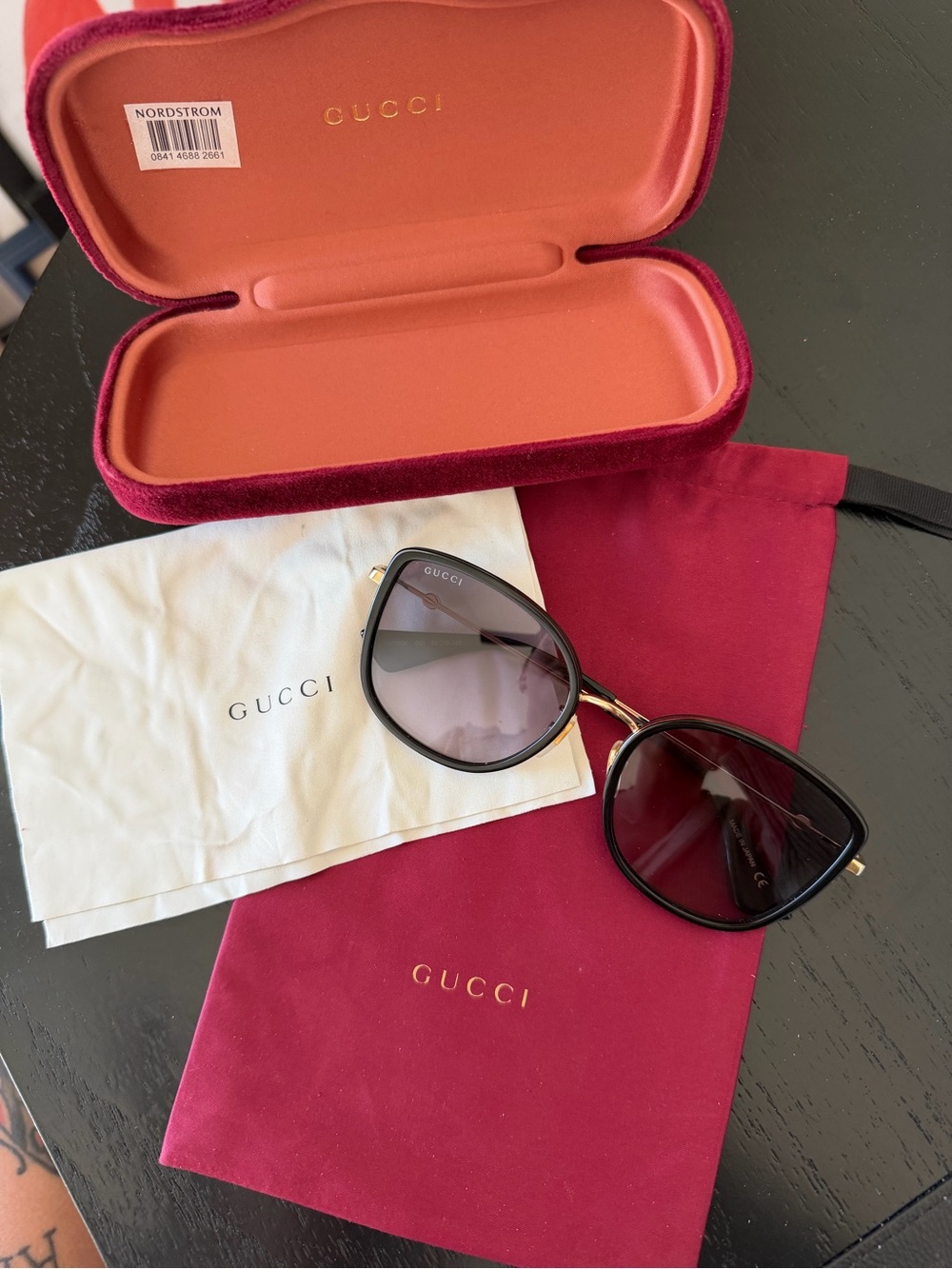 Gucci 56mm Black Gradient Cat Eye Sunglasses with Gold Detail